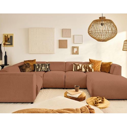 Canapé Modulable 7 Places Angle Gauche En Tissu Texturé Terracotta