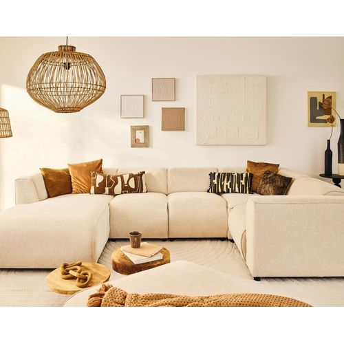 Canapé Modulable 7 Places Angle Droit En Tissu Texturé Beige
