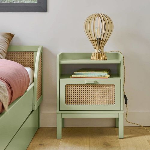 Table De Chevet Effet Bois Et Cannage Vert Sauge
