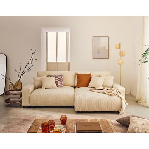 Canapé D'angle Réversible Convertible 4 Places En Velours Côtelé Beige