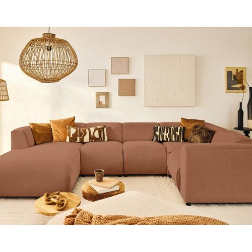 Canapé Modulable 7 Places Angle Droit En Tissu Texturé Terracotta