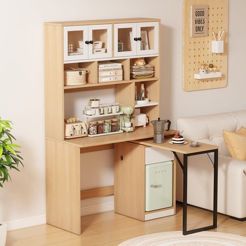 Bureau Effet Bois Avec Étagère Rangement Tablette Rétractable