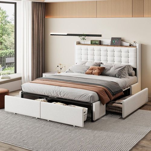 Lit Double Lin Beige Rembourré 4 Tiroirs(140*200 Cm)