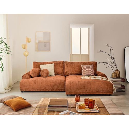 Canapé D'angle Droit Convertible 4 Places En Velours Texturé Rouille