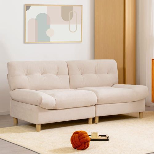 Canapé Velours Teddy Beige 2 Places Pieds Bois