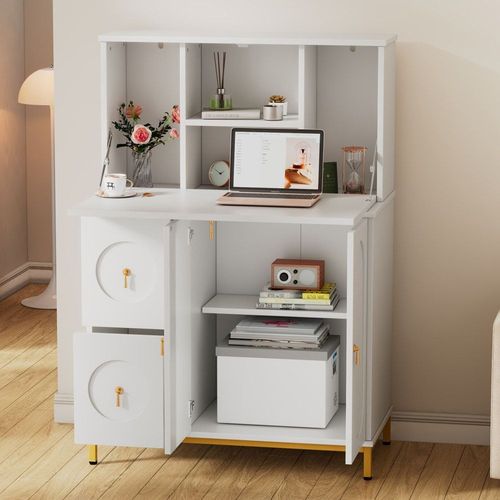 Buffet Haute Bureau Blanc Étagère Tablette Retractable