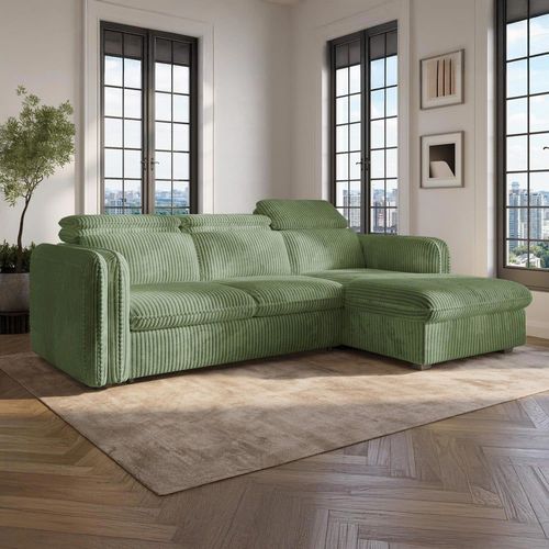 Canapé D'angle Convertible 4 Places En Velours Vert Clair