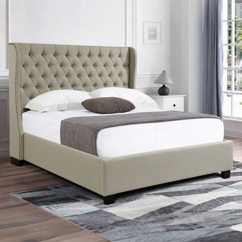 Lit Capitonné Avec Coffre De Rangement En Tissu Lin Beige 140x190 Cm