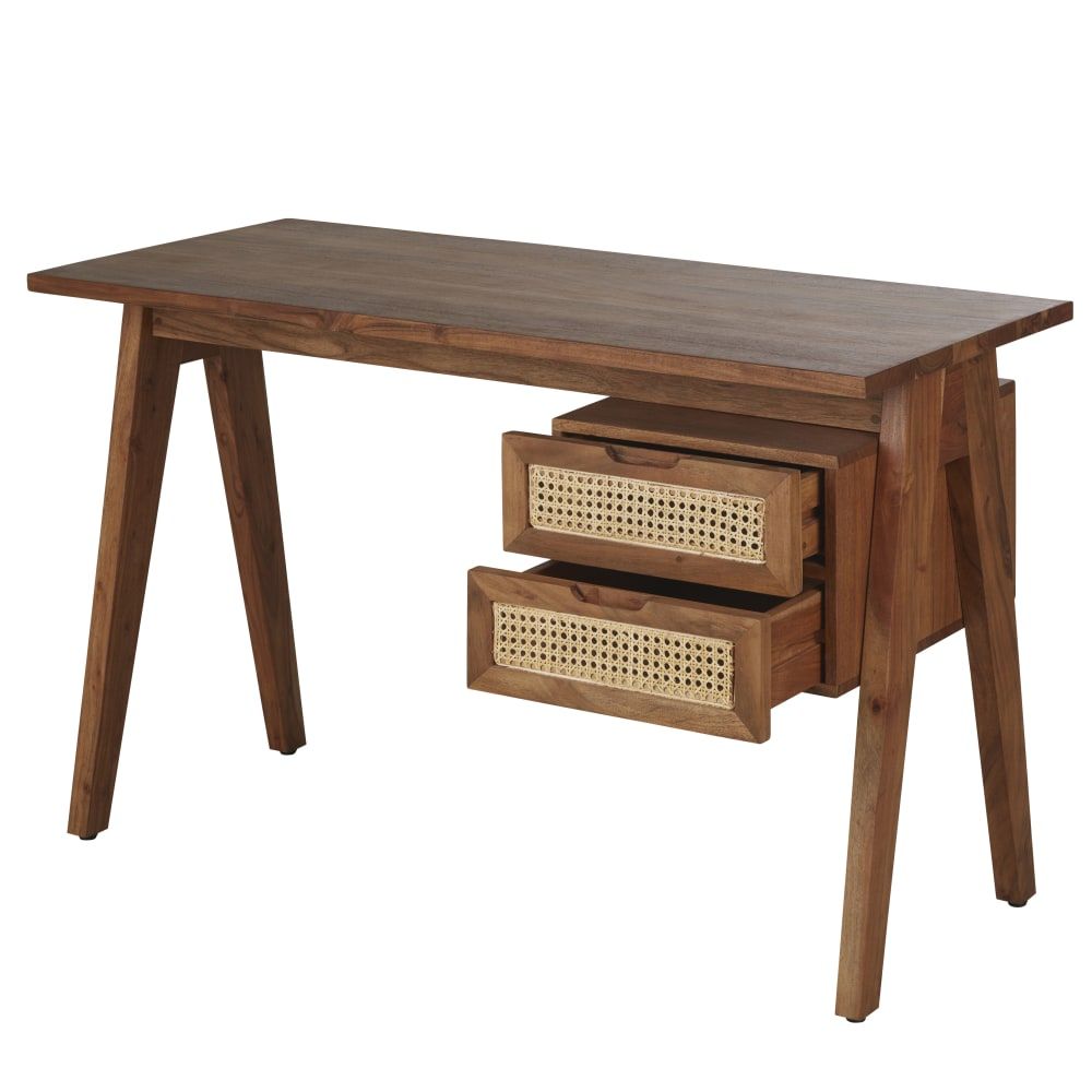 Bureau 2 Tiroirs En Bois D'acacia Massif Et Cannage En Rotin