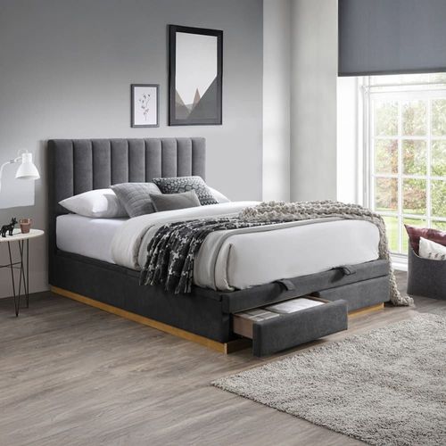Lit Double En Tissu Gris Anthracite Avec Coffre Et Tiroir 180x200 Cm