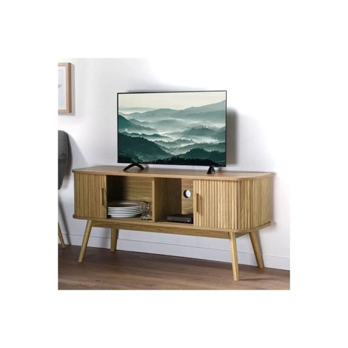 Meuble Tv 2 Portes Coulissantes L119 Cm - Effet Bois Clair