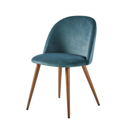 Chaise Vintage En Velours Bleu Paon Et Acier Imitation Chêne