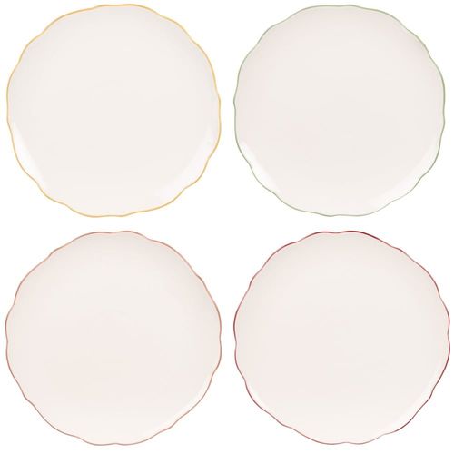 Assiettes Plates (X4) En Céramique Blanche Liseré Multicolore