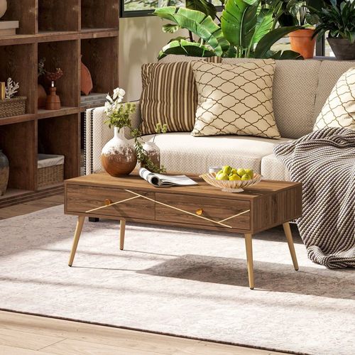 Table Basse Salon Rectangulaire Avec 2 Tiroirs Marron
