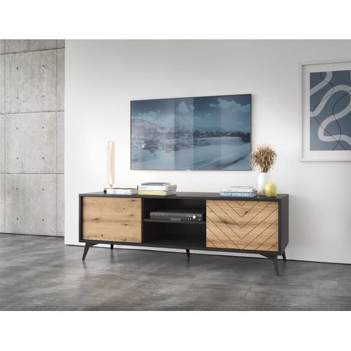 Meuble Tv 2 Portes 2 Étagères En Bois Stratifié 154x50 Cm