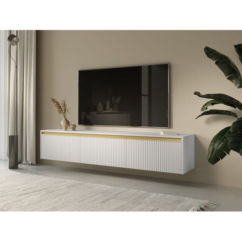 Meuble Tv 3 Portes En Bois Lamellé Blanc 180x42 Cm