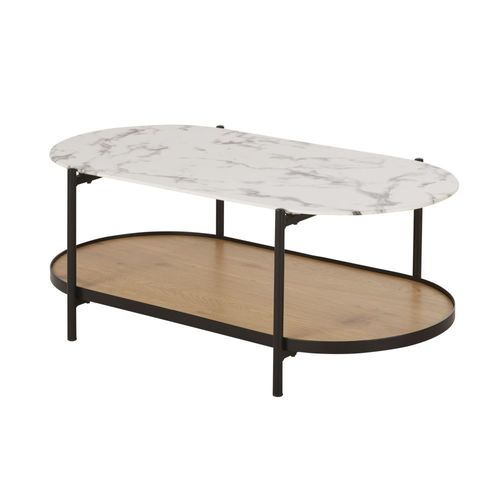 Table Basse En Verre Trempé Imprimé Imitation Marbre Et Métal Noir L110