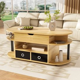 Table Basse Revelable Effet Bois Rangement Et Tiroirs En Tissu Noir