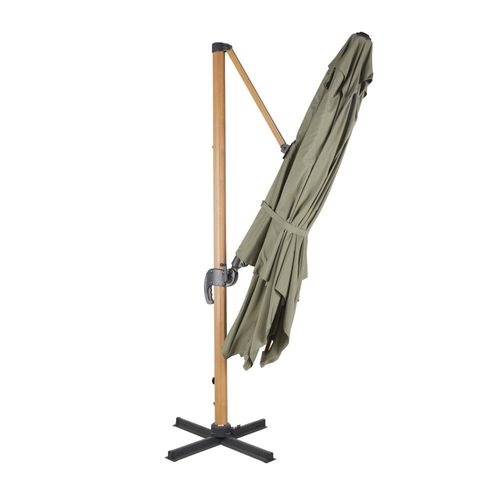 Parasol Déporté 3x3m En Aluminium Imitation Bois Et Toile Vert Kaki
