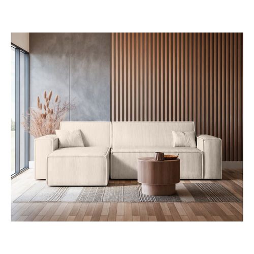 Canapé D'angle Convertible 3 Places En Velours Cotelé Beige