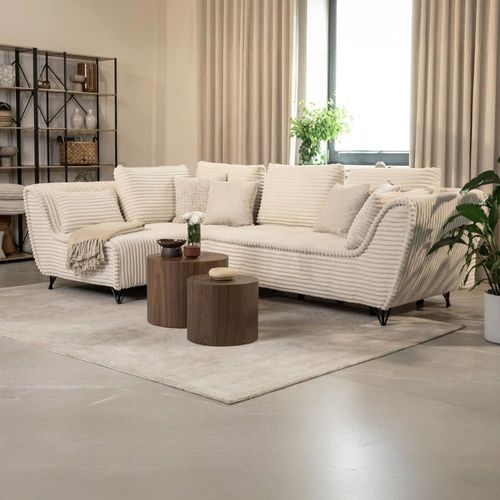 Canapé D'angle Convertible 5 Places En Velours Beige