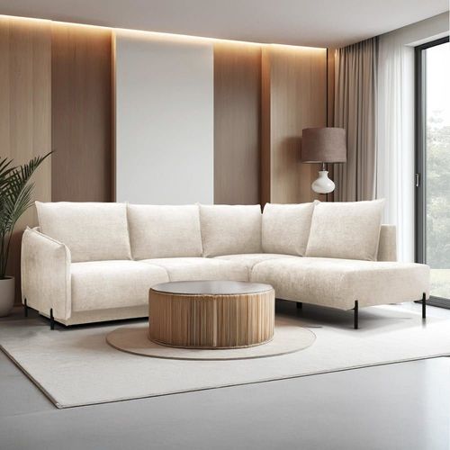 Canapé D'angle Convertible 6 Places En Tissu Beige