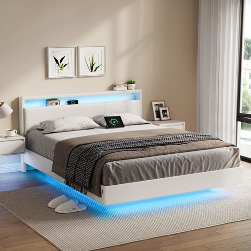 Lit Double 160 X 200 Cm Lit Flottant Tête De Lit Haute Blanc Nuage