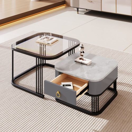 Table Basse Moderne Bicolore – Verre, Imitation Marbre Et Métal Noir
