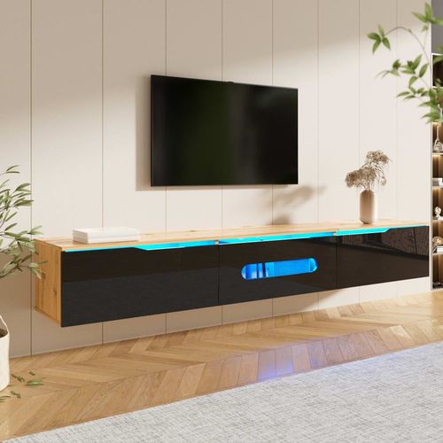 Meuble Tv Suspendu Effet Bois Et Portes Laqués Noir Avec Led