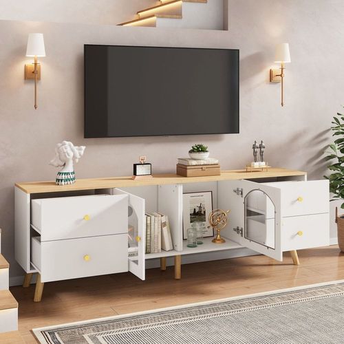 Meuble Tv Effect Bois Et Blanc Portes Latérales En Verre Trempé