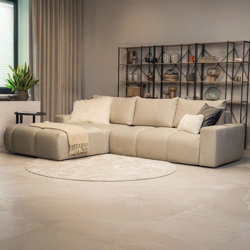 Canapé D'angle Convertible 6 Places En Velours Beige