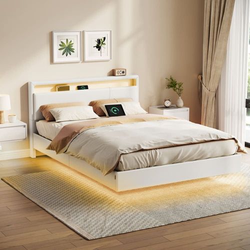 Lit Double 140 X 190 Cm Avec Tête De Lit Blanc Nuage