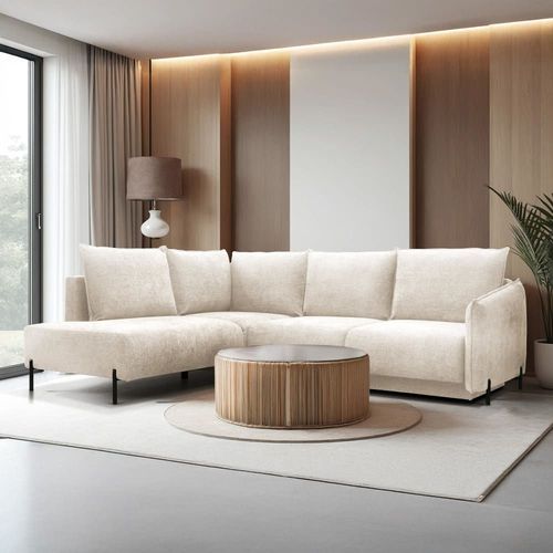 Canapé D'angle Convertible 6 Places En Tissu Beige