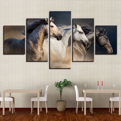 Peinture murale en 5 parties ¿ Trois chevaux, décoration sur toile non tissée pour salon