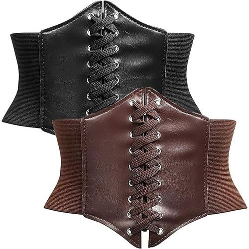 Lot De 2 Ceintures Corset Élastiques Larges Pour Femme (Noir Et Café) - Style Rétro Steampunk - Ceinture Corset Élastique Nouée - Ceinture Corset Sexy Pour Halloween