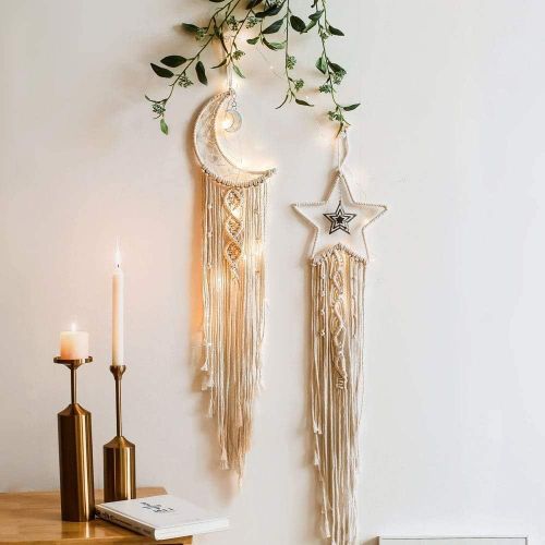 Lot De 2 Attrape-Rêves En Coton Tricoté Avec Pompons (Étoile Et Lune) Pour Décoration Murale, Motif Mandala, Idéal Pour La Chambre D'un Enfant Ou Comme Cadeau Artisanal