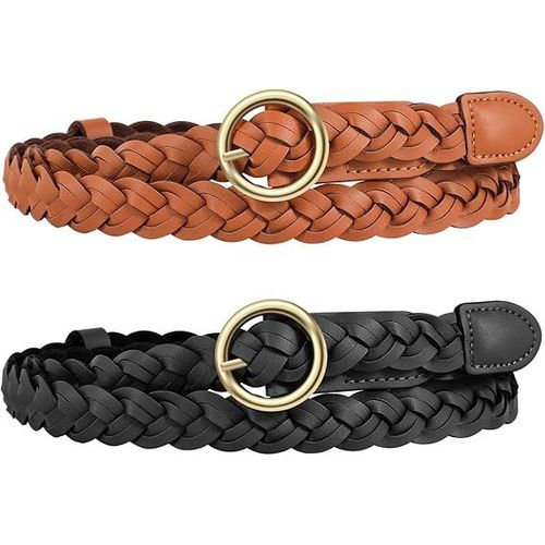 2 Pièces De Bretelles Fines Tissées Rétro Pour Femmes (Camel + Noir), Bretelles Tissées À Boutons Japonais Circulaires En Cuir Pu Serré, Utilisées Pour Les Robes En Jean