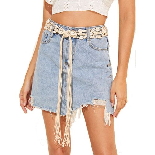 Ceinture À Larges Bords En Coquillage Tissé De Style Bohème Pour Femme (Beige, Longueur Totale 176 Cm), Associée À Une Ceinture À Motif Décoratif Vintage