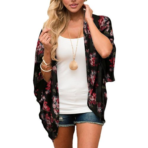 Châle Ample En Mousseline De Soie Pour Femme - Kimono À Imprimé Floral, Vêtements De Plage, Style Bohème, Chemisier Décontracté, Cardigan, Maillot De Bain (L)