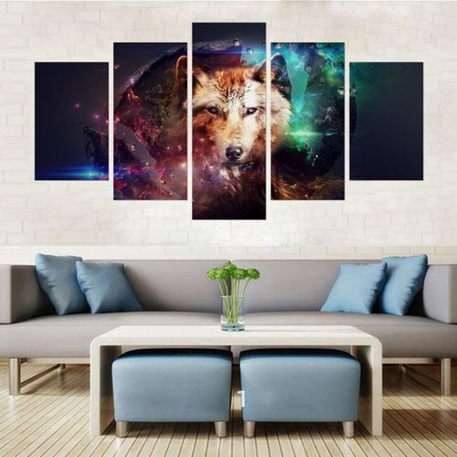 Tableau mural en 5 parties - Loup coloré, décoration sur toile intissée pour salon, décoration artistique