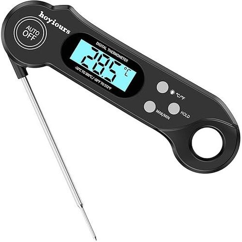 Thermomètre de cuisine numérique à lecture instantanée, sonde longue, grand écran LCD, double aimant, pour viande, pâtisserie, barbecue, etc. (Noir)