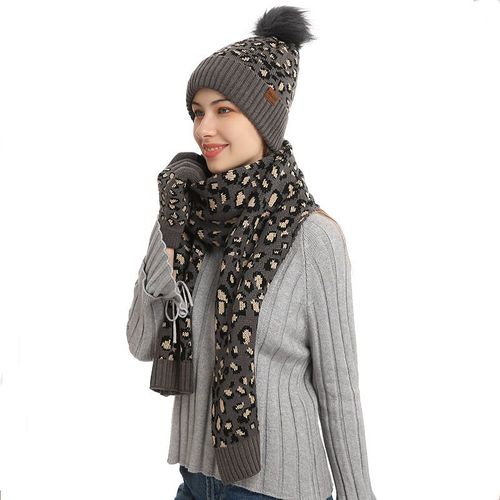 Ensemble Bonnet, Écharpe Et Gants D'hiver 3 Pièces Pour Homme Et Femme, Motif Léopard