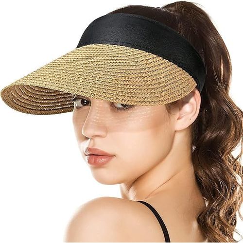Chapeau Pare-Soleil Pour Femmes, Large Bord, En Paille, Queue De Cheval, Chapeau De Plage D'été, Uv Upf, Pliable, Voyage