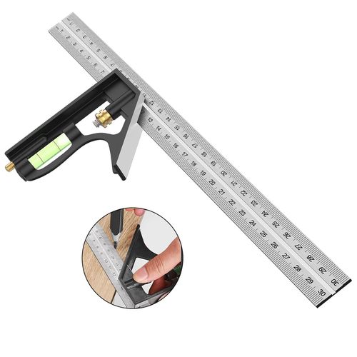 Équerre combinée, outils de menuiserie carrés en acier inoxydable de 12'/300 mm, règle à 45/90 degrés avec niveau à bulle.