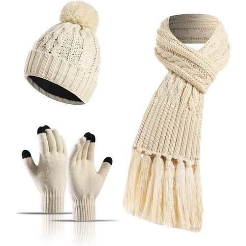 Ensemble Bonnet, Écharpe, Gants À Écran Tactile Colorés Avec Pompon