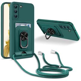 Dragonne verte compatible avec Samsung Galaxy S22, anneau de support 360° avec fente pour carte, étui de protection en silicone pour appareil photo