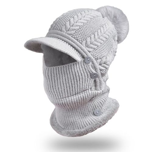 Bonnet D'hiver En Polaire À Capuche - Cache-Cou Gris, Bonnet Épais En Tricot Avec Couvre-Visage Amovible, Bonnet Coupe-Vent En Polaire Avec Grand Pompon, Cache-Cou Sportif Unisexe