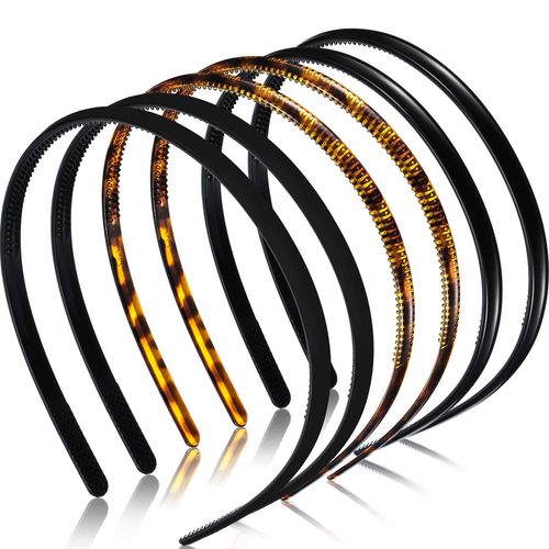 Lot de 6 bandeaux en plastique uni avec peigne à dents pour Halloween, serre-têtes fins à faire soi-même pour femmes et filles (imprimé léopard, noir, caoutchouc noir, 8 mm)