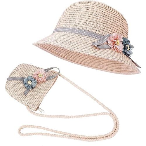 Ensemble Chapeau De Soleil Pour Filles, Chapeaux De Paille D'été Et Petit Sac (52 Cm) Avec Décoration Florale Pour La Plage, Les Voyages Et La Randonnée