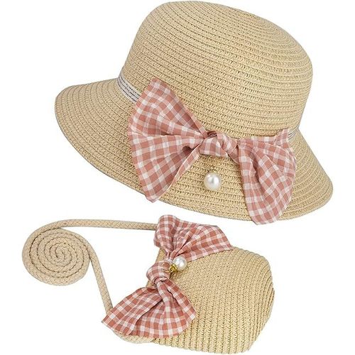 Ensemble De Chapeaux De Paille Et De Petits Sacs Pour Filles Avec N?ud Décoratif, Chapeau De Soleil D'été Pour Enfants, Pour La Plage, Les Voyages Et La Randonnée